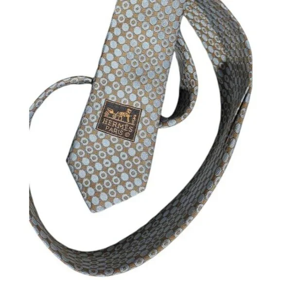 HERMÈS Men's 100% Silk Necktie LUXURY Tie XL Blue Beige Geometric W:3.6" EUC